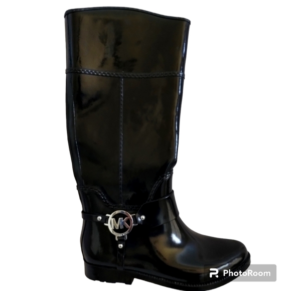 Michael Kors Rain Boots Black Fulton Harness Tall Rubber  Size 6 - Picture 1 of 15